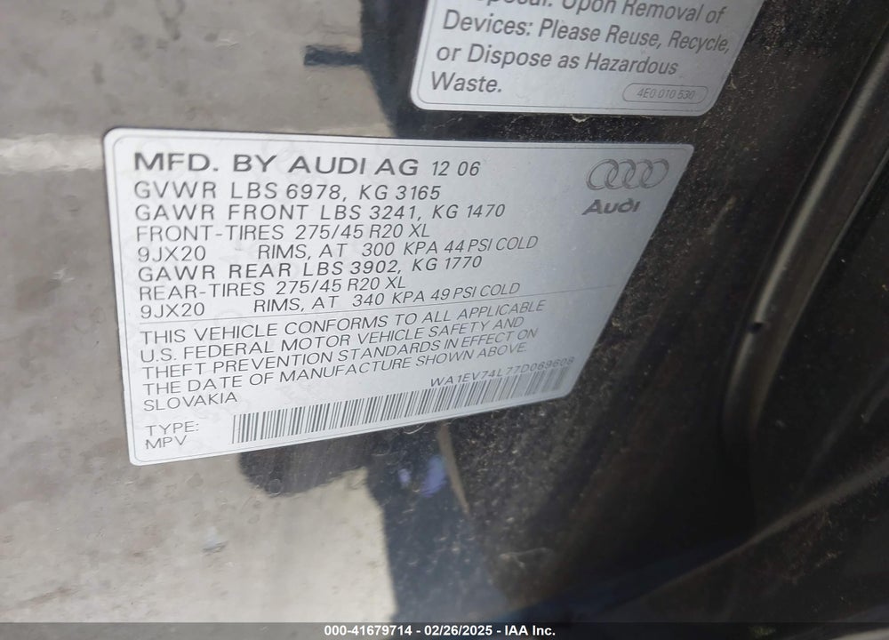 2007 AUDI Q7 4.2 PREMIUM VIN: WA1EV74L77D069608