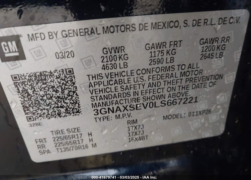 2020 CHEVROLET EQUINOX VIN: 3GNAXSEV0LS667221
