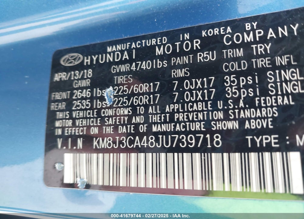 2018 HYUNDAI TUCSON VIN: KM8J3CA48JU739718