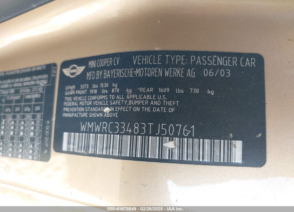 2003 MINI COOPER VIN: WMWRC33483TJ50761