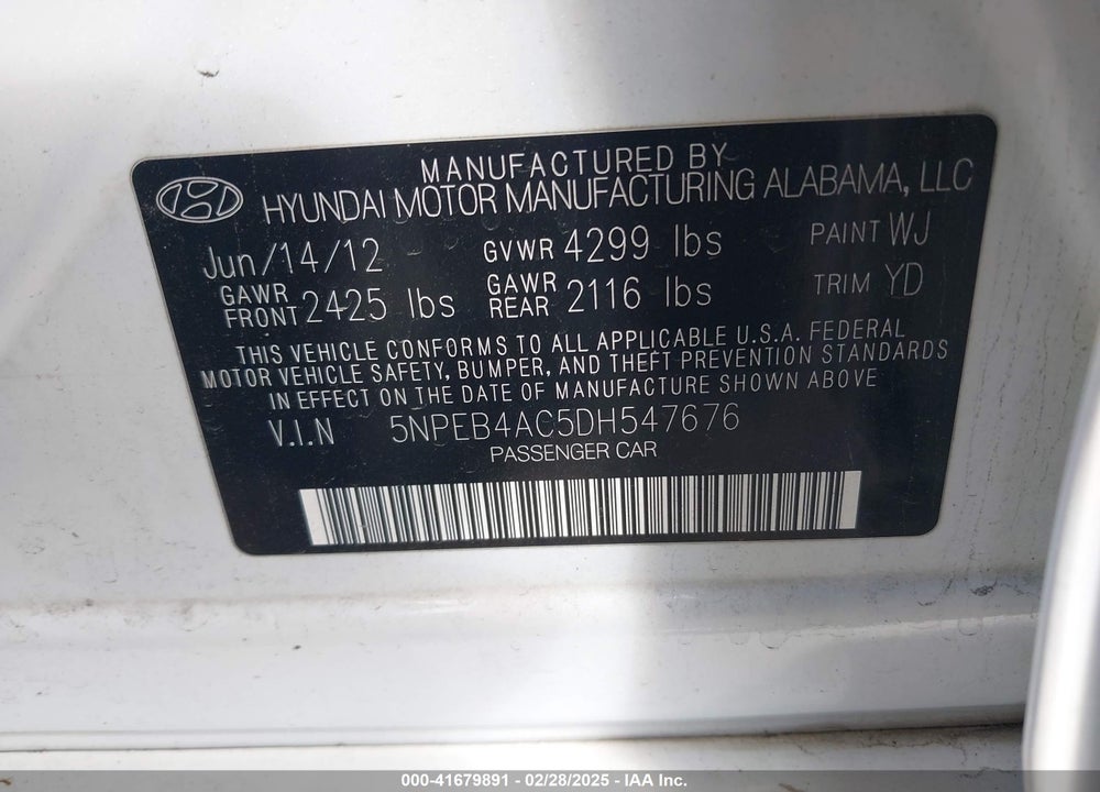 2013 HYUNDAI SONATA GLS VIN: 5NPEB4AC5DH547676