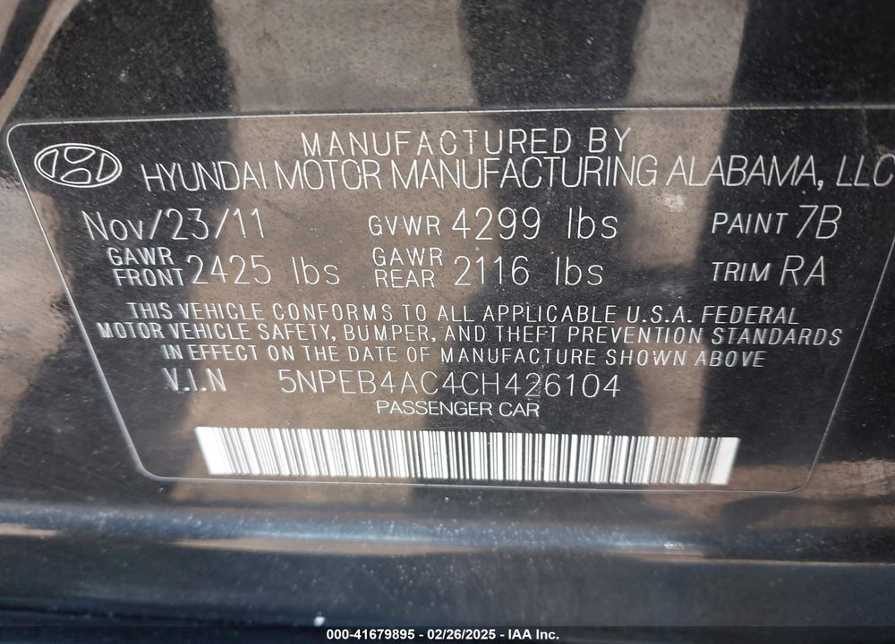 2012 HYUNDAI SONATA VIN: 5NPEB4AC4CH426104