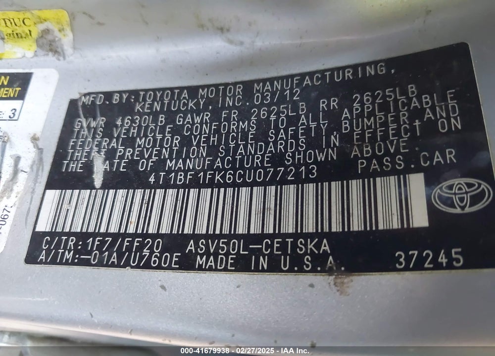 2012 TOYOTA CAMRY VIN: 4T1BF1FK6CU077213
