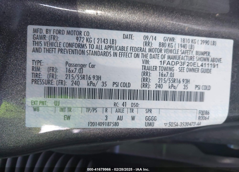 2014 FORD FOCUS VIN: 1FADP3F20EL411191
