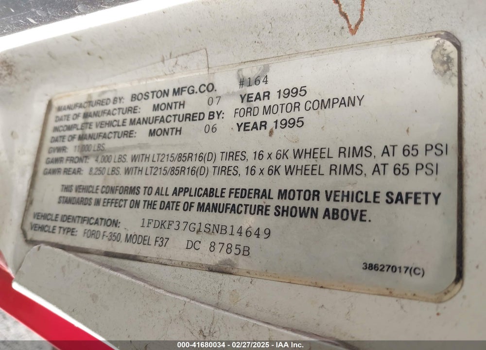 1995 FORD F350 VIN: 1FDKF37G1SNB14649