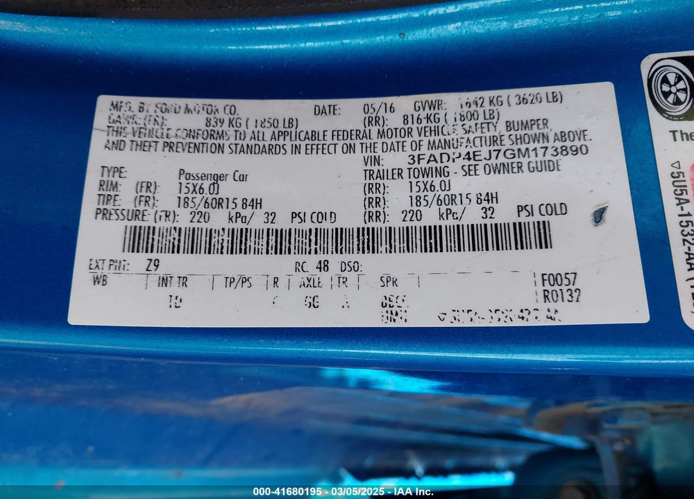 2016 FORD FIESTA VIN: 3FADP4EJ7GM173890