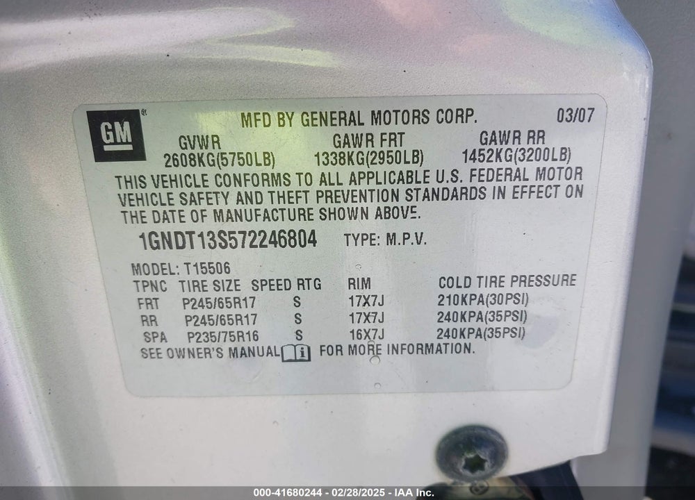 2007 CHEVROLET TRAILBLAZER VIN: 1GNDT13S572246804