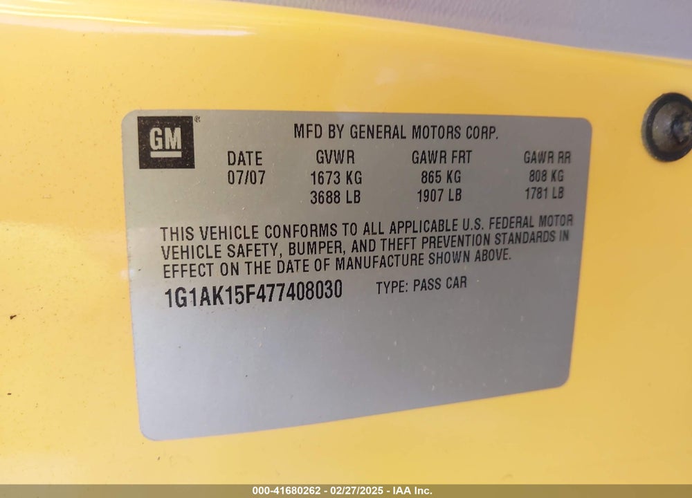 2007 CHEVROLET COBALT VIN: 1G1AK15F477408030