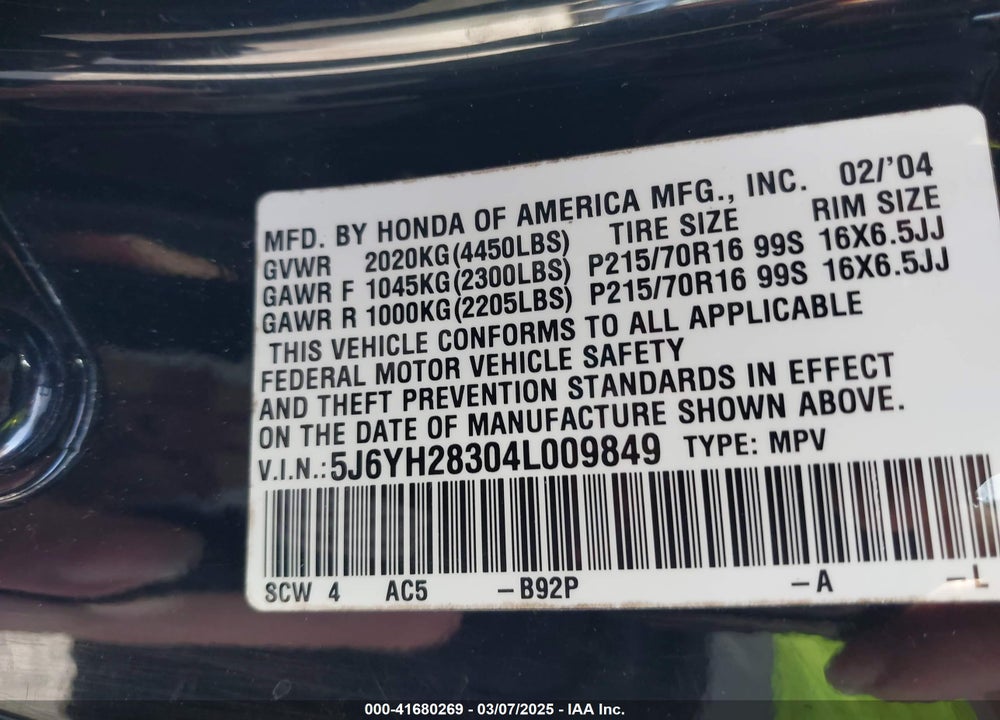 2004 HONDA ELEMENT VIN: 5J6YH28304L009849
