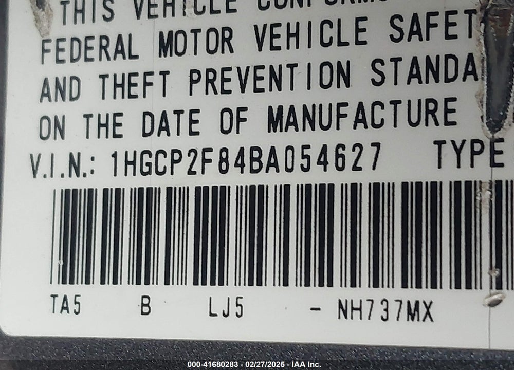 2011 HONDA ACCORD VIN: 1HGCP2F84BA054627