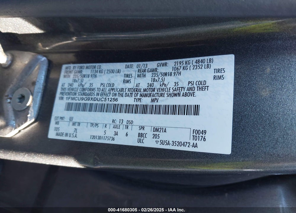 2013 FORD ESCAPE VIN: 1FMCU9G9XDUC51256