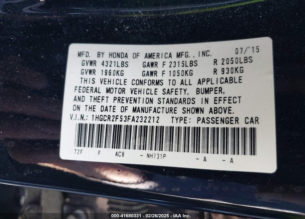 2015 HONDA ACCORD SPORT VIN: 1HGCR2F53FA232212
