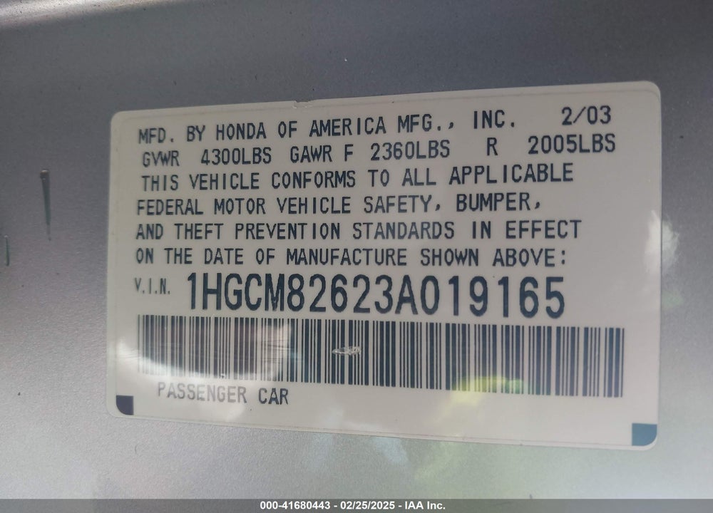 2003 HONDA ACCORD 3.0 EX VIN: 1HGCM82623A019165