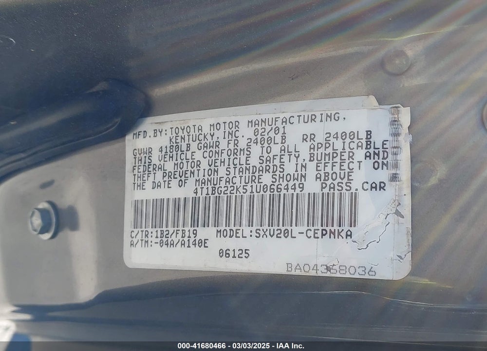 2001 TOYOTA CAMRY LE VIN: 4T1BG22K51U066449