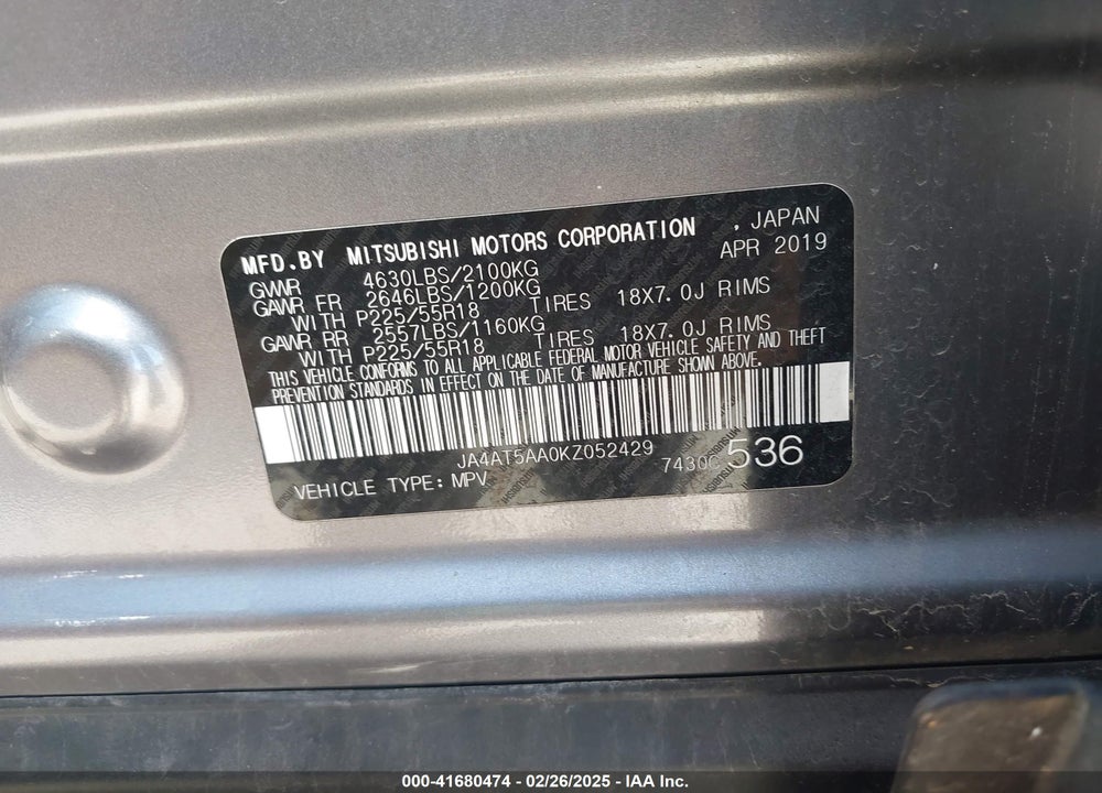 2019 MITSUBISHI ECLIPSE CROSS VIN: JA4AT5AA0KZ052429