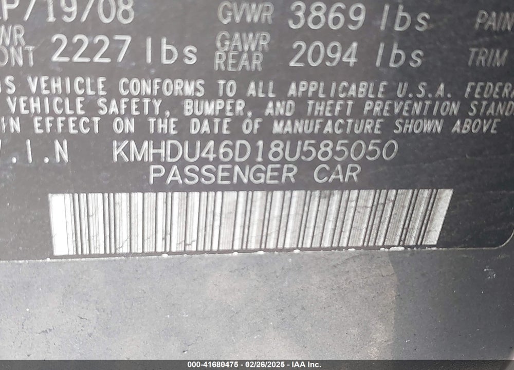 2008 HYUNDAI ELANTRA VIN: KMHDU46D18U585050