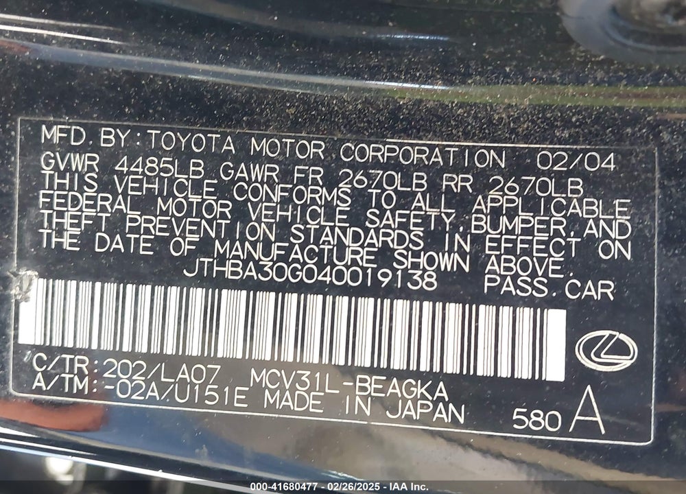 2004 LEXUS ES 330 VIN: JTHBA30G040019138
