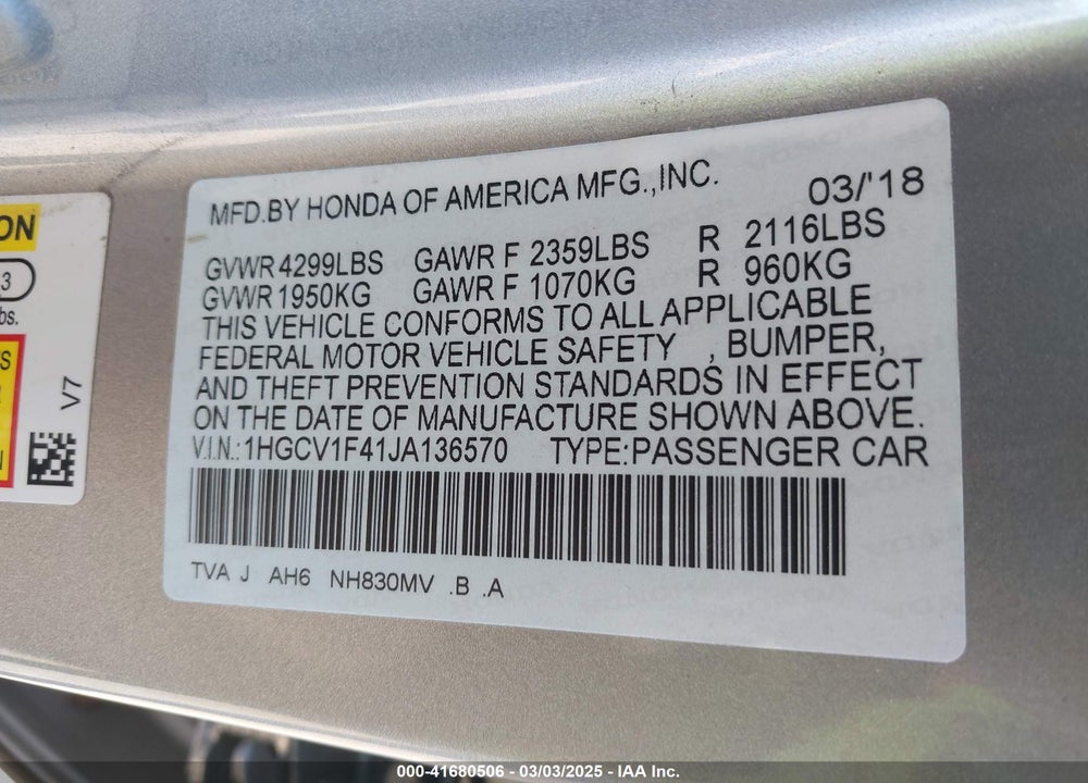 2018 HONDA ACCORD VIN: 1HGCV1F41JA136570