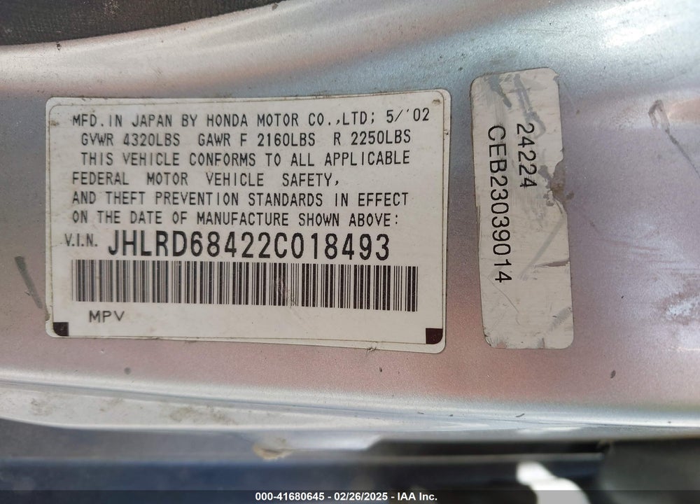 2002 HONDA CR-V LX VIN: JHLRD68422C018493
