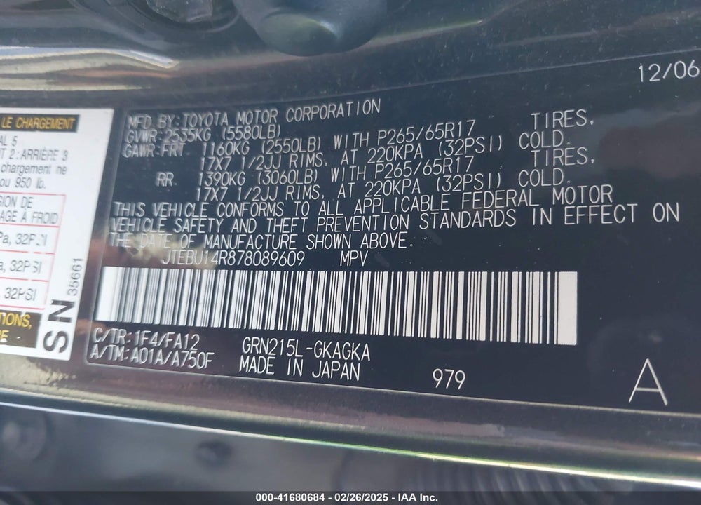 2007 TOYOTA 4RUNNER VIN: JTEBU14R878089609