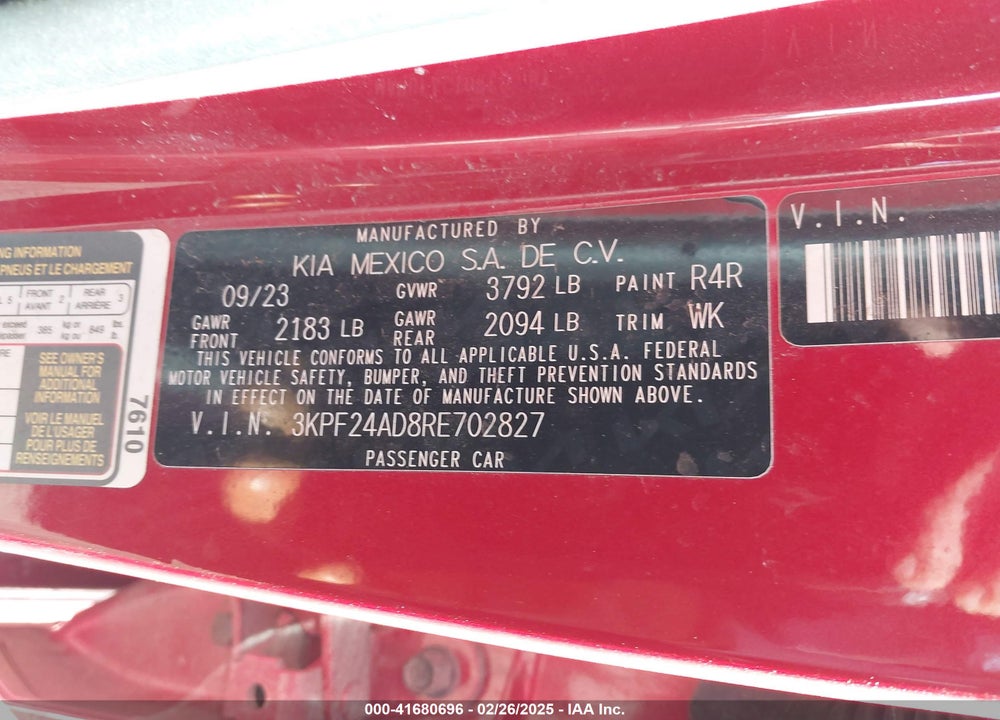 2024 KIA FORTE LXS VIN: 3KPF24AD8RE702827