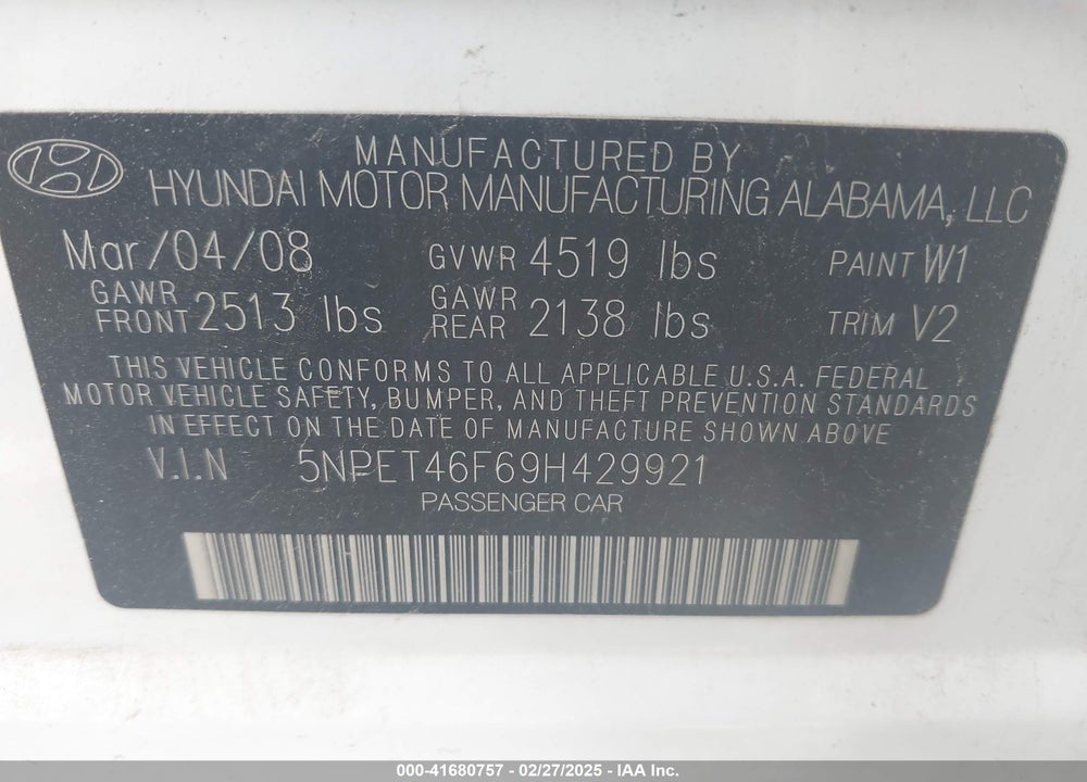 2009 HYUNDAI SONATA GLS V6 VIN: 5NPET46F69H429921