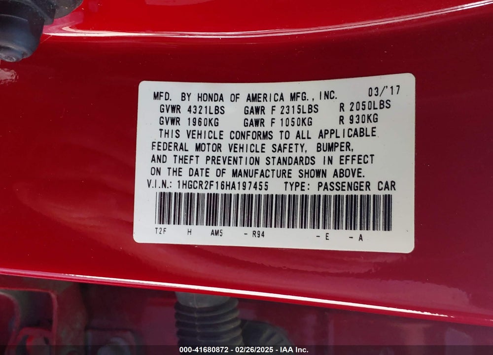 2017 HONDA ACCORD VIN: 1HGCR2F16HA197455
