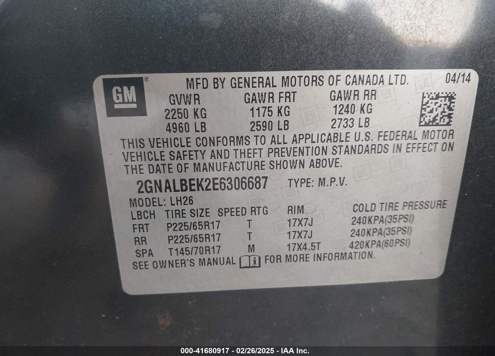 2014 CHEVROLET EQUINOX 1LT VIN: 2GNALBEK2E6306687
