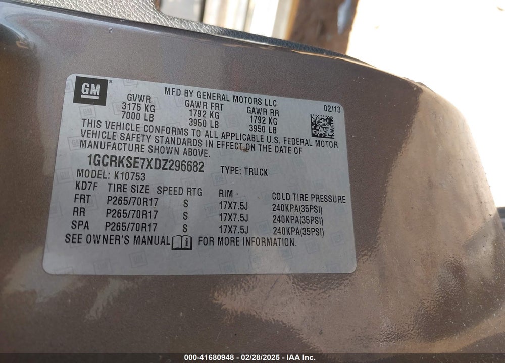 2013 CHEVROLET SILVERADO 1500 VIN: 1GCRKSE7XDZ296682