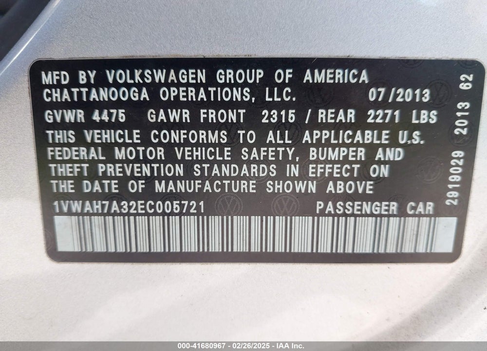 2014 VOLKSWAGEN PASSAT 2.5L WOLFSBURG EDITION VIN: 1VWAH7A32EC005721