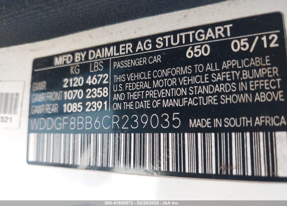2012 MERCEDES-BENZ C 300 VIN: WDDGF8BB6CR239035