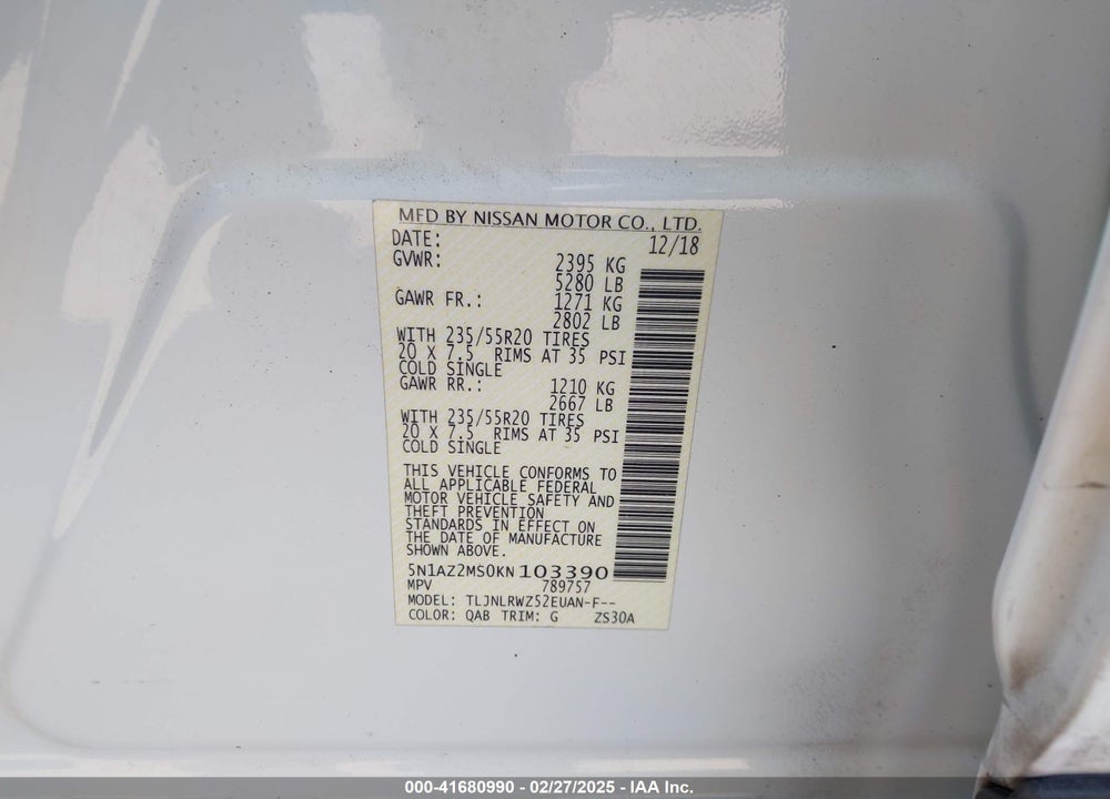 2019 NISSAN MURANO VIN: 5N1AZ2MS0KN103390