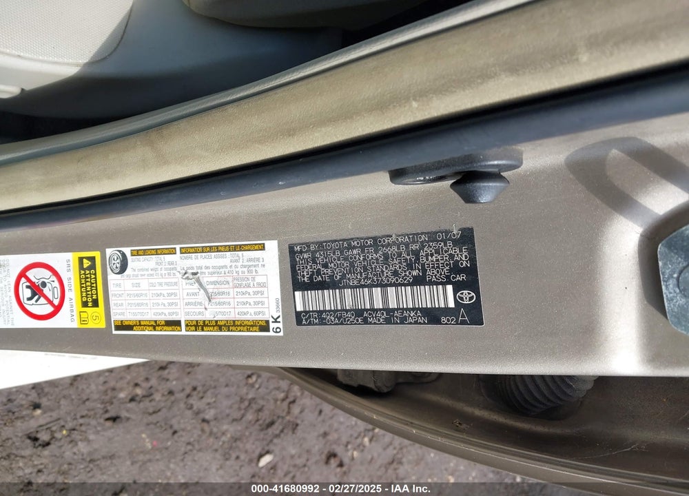 2007 TOYOTA CAMRY VIN: JTNBE46K373090629