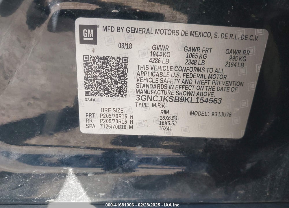 2019 CHEVROLET TRAX LS VIN: 3GNCJKSB9KL154563