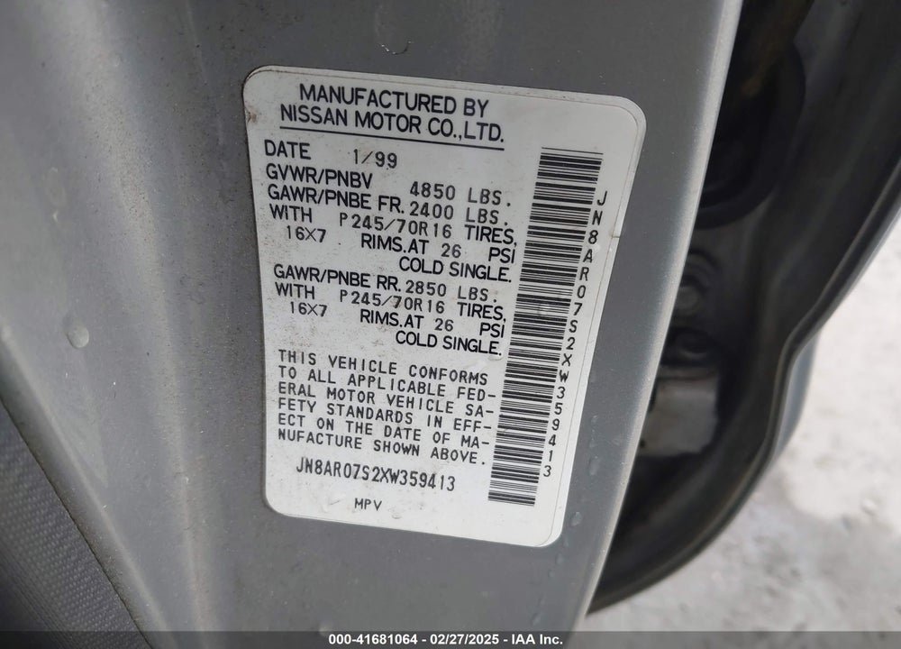 1999 NISSAN PATHFINDER VIN: JN8AR07S2XW359413