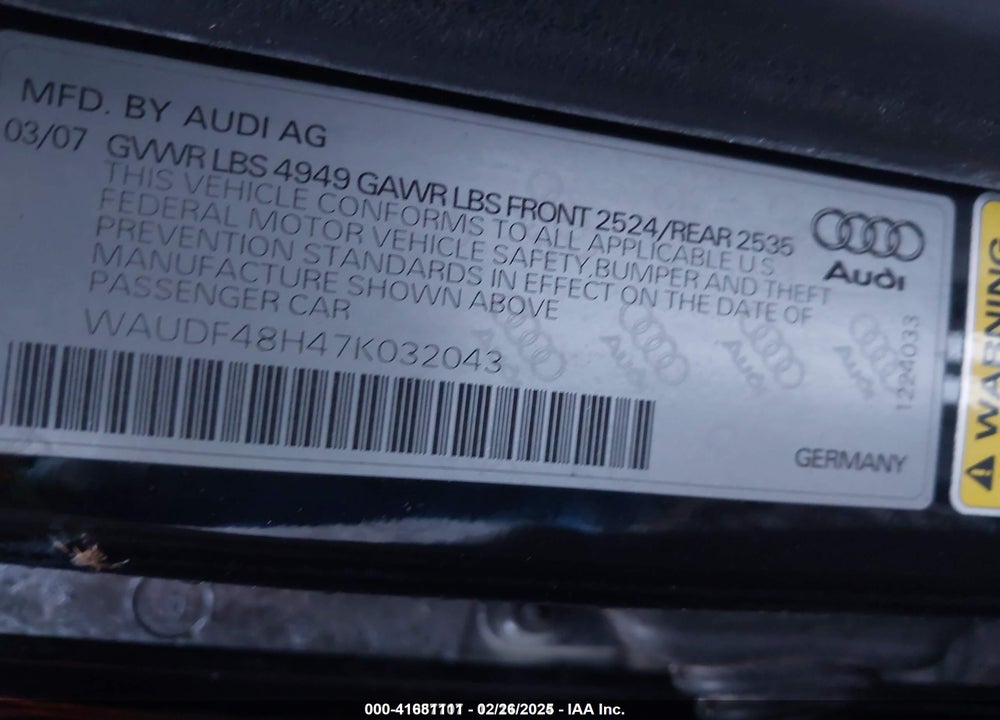 2007 AUDI A4 2.0T VIN: WAUDF48H47K032043