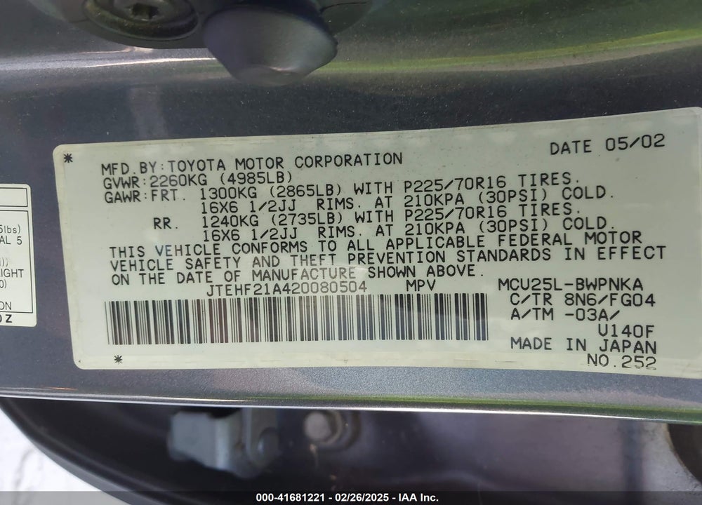 2002 TOYOTA HIGHLANDER VIN: JTEHF21A420080504