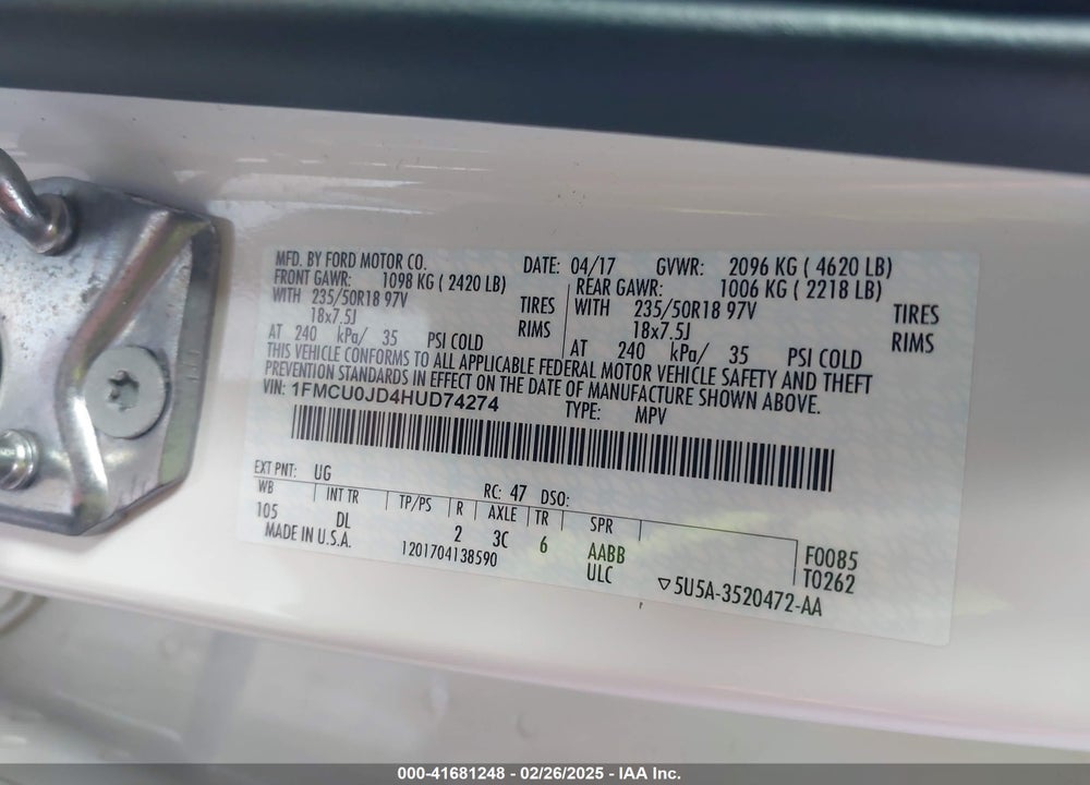 2017 FORD ESCAPE VIN: 1FMCU0JD4HUD74274