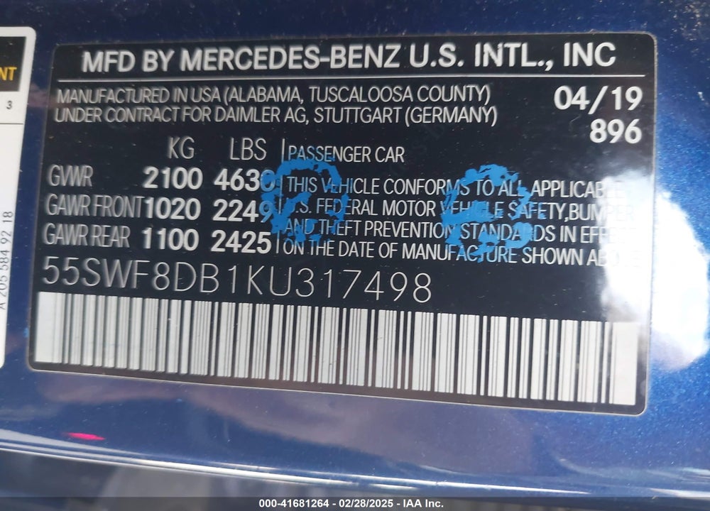 2019 MERCEDES-BENZ C CLASS VIN: 55SWF8DB1KU317498