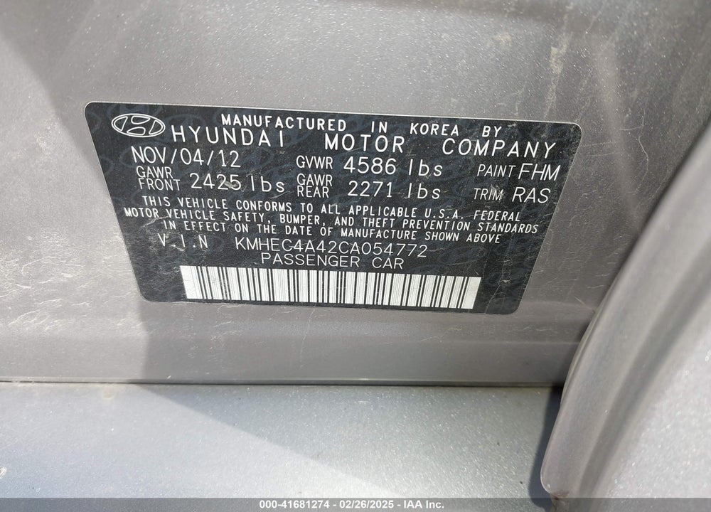 2012 HYUNDAI SONATA HYBRID VIN: KMHEC4A42CA054772