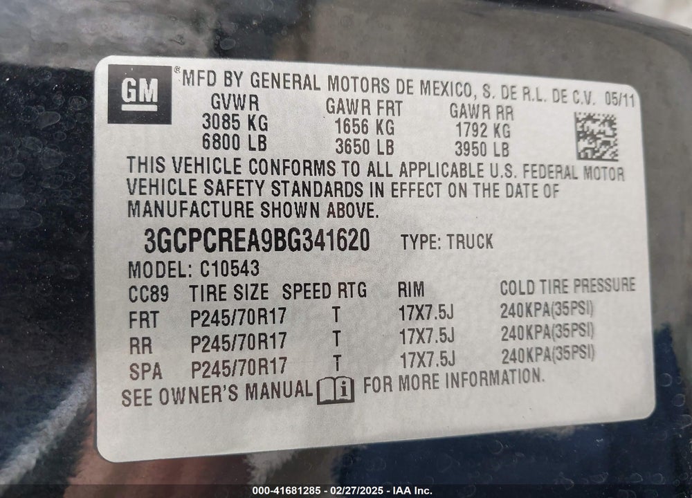 2011 CHEVROLET SILVERADO 1500 VIN: 3GCPCREA9BG341620