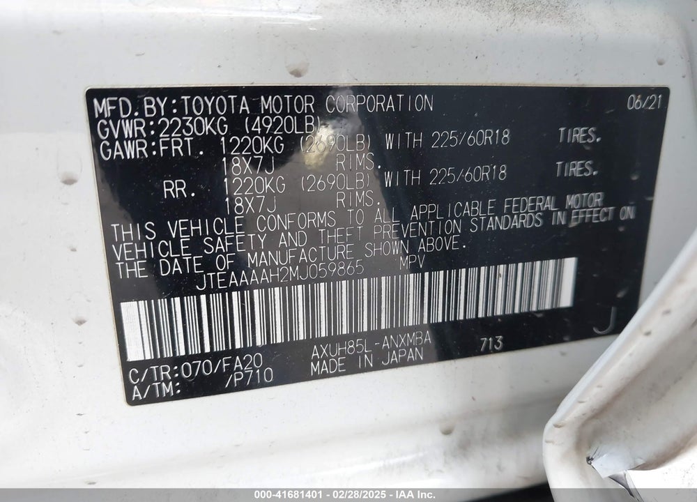 2021 TOYOTA VENZA VIN: JTEAAAAH2MJ059865