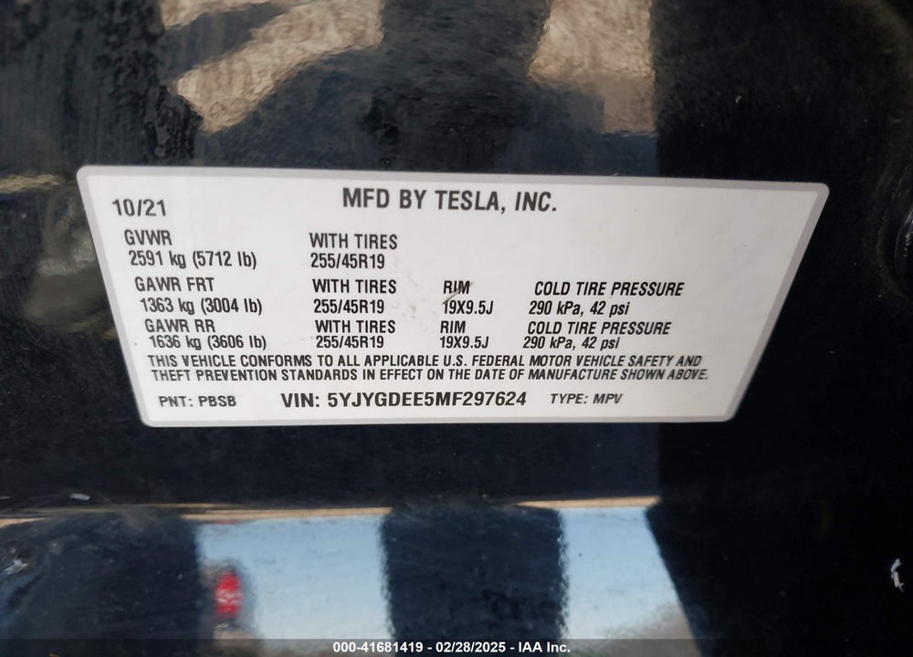 2021 TESLA MODEL Y VIN: 5YJYGDEE5MF297624