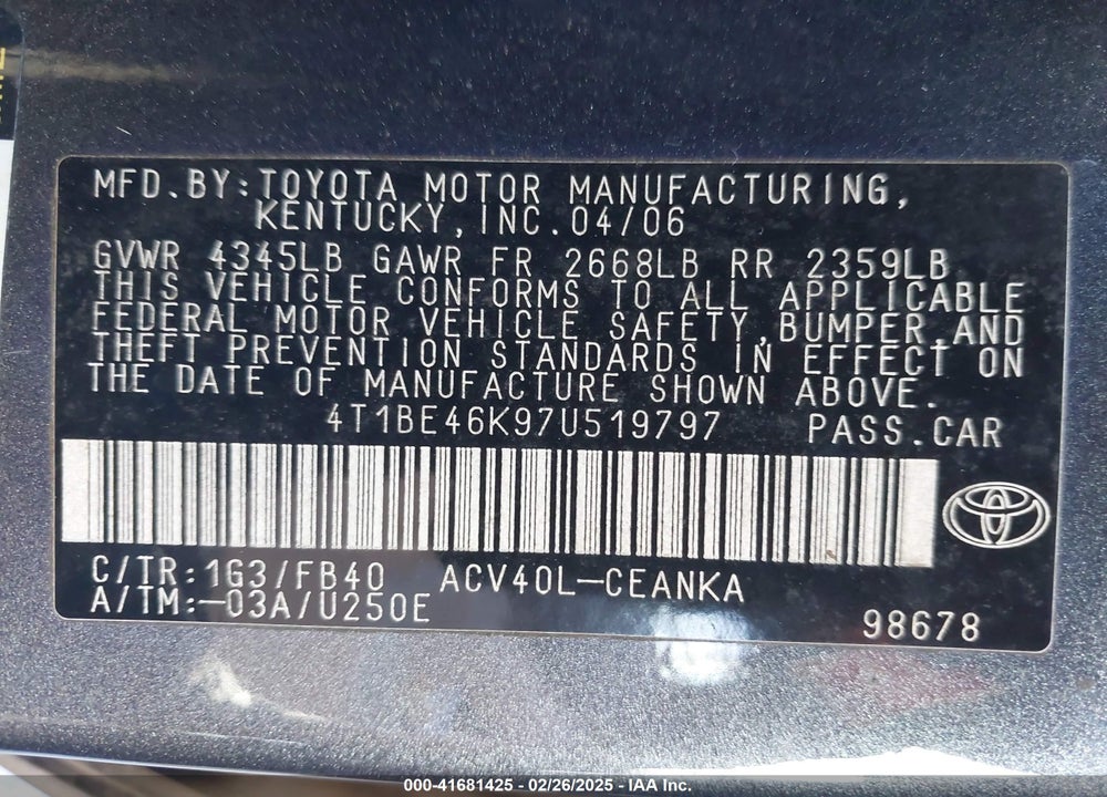 2007 TOYOTA CAMRY LE VIN: 4T1BE46K97U519797