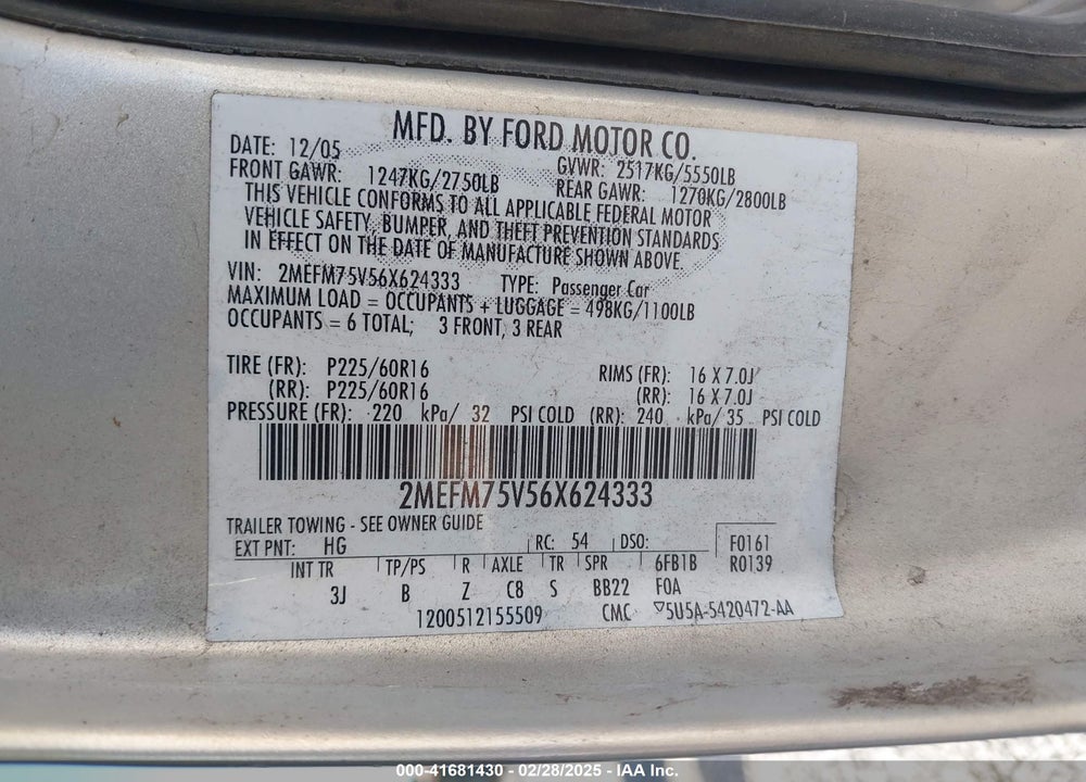 2006 MERCURY GRAND MARQUIS LS VIN: 2MEFM75V56X624333