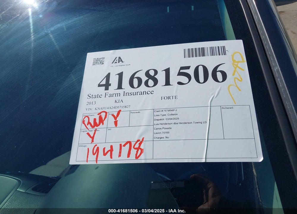 2013 KIA FORTE VIN: KNAFU4A24D5715827