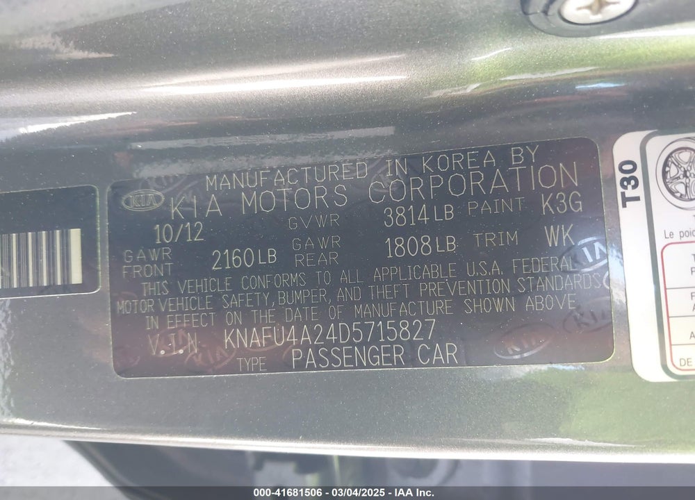 2013 KIA FORTE VIN: KNAFU4A24D5715827