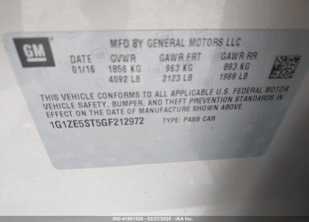 2016 CHEVROLET MALIBU VIN: 1G1ZE5ST5GF212972