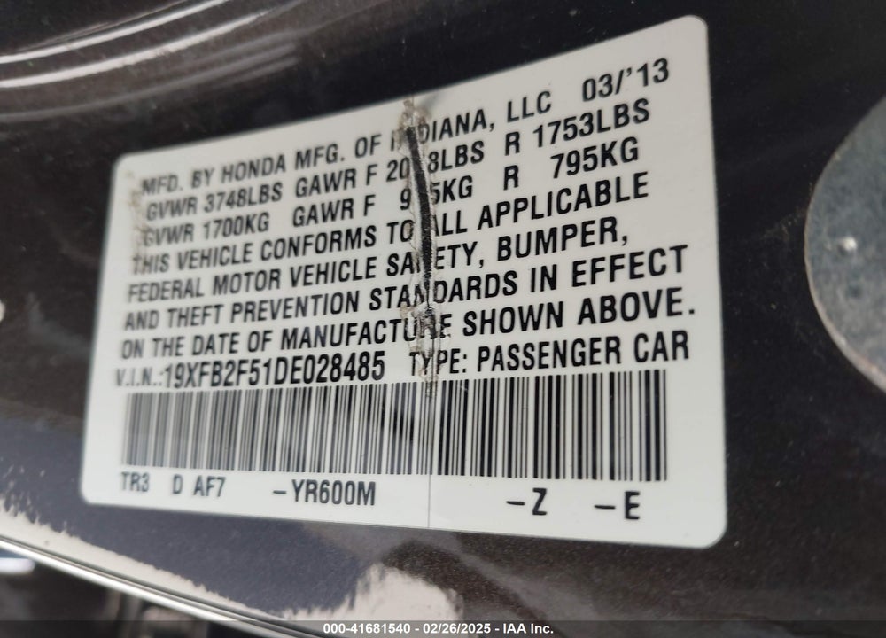 2013 HONDA CIVIC VIN: 19XFB2F51DE028485