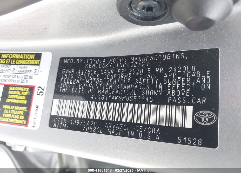 2021 TOYOTA CAMRY SE VIN: 4T1G11AK9MU553645